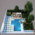 Serene Garden Landscape With Swimming Pool Pergola Seating And Lush Trees