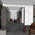 Elegant Modern Living Dining Room Interior With Sofa Rug Coffee Table And Marble Wall
