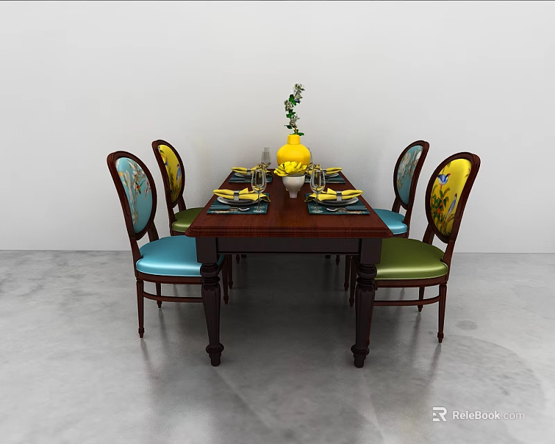 Elegant Dining Table Set with Patterned Blue Green Seats Chairs and Yellow Vase Green Plant 3d model 