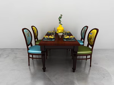 Elegant Dining Table Set with Patterned Blue Green Seats Chairs and Yellow Vase Green Plant 3d model