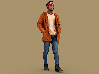 Man Wearing Orange Jacket White T-shirt Blue Jeans And Headband On Brown Background 3d model