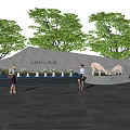 Feature Wall With Engraved Text Surrounded By Green Trees And Water Fountains With People Walking