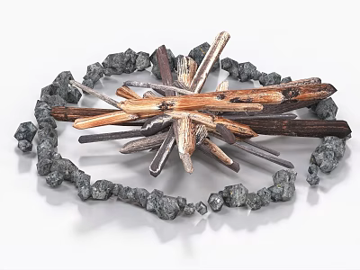 Circular Decorative Art Piece With Radiating Wooden Sticks And Stones 3d model