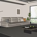 Modern Beige Leather Three-seater Sofa With Cushions Coffee Table And Potted Plant In Living Room