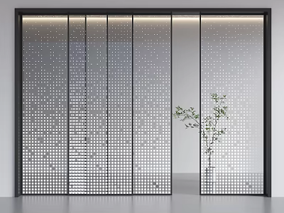 Modern Sliding Doors With Black Metal Frame Perforated Panels And Green Plant 3d model