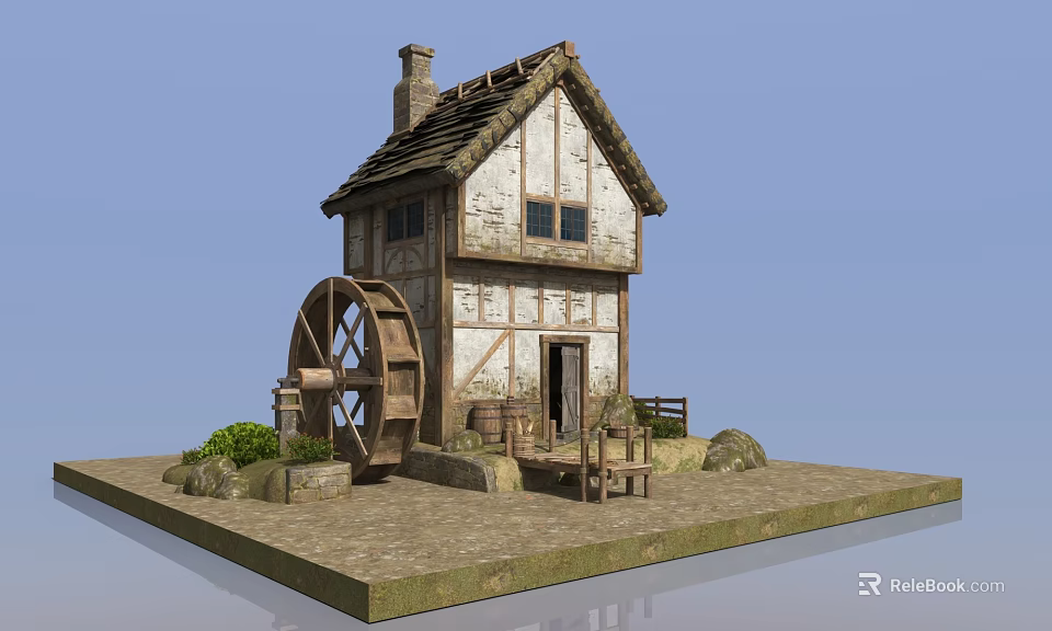Old Watermill Cottage With Rustic Wooden Structure Stone Foundation And Waterwheel 3d model 