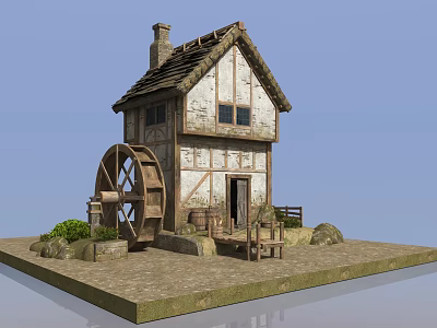 Old Watermill Cottage With Rustic Wooden Structure Stone Foundation And Waterwheel 3d model