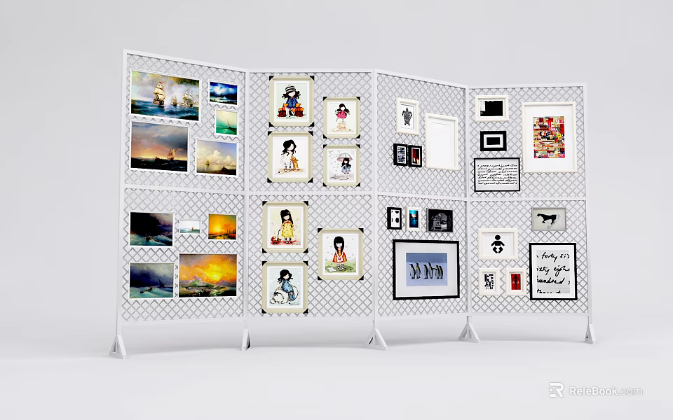 White Grid Panel Screen With Multiple Photo Frames And Artwork Displays 3d model 