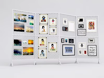 White Grid Panel Screen With Multiple Photo Frames And Artwork Displays 3d model