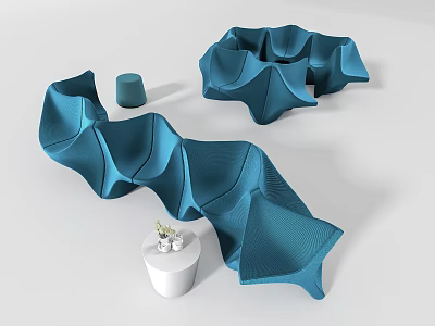 Stylish Blue Irregular Sofa With Wavy Design And Small Decorative Table In Modern Interior 3d model