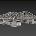 Old Wooden Hay Barn With Rustic Roof Log Stack Fence And Door Sign