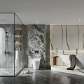 Modern Bathroom Interior Design With Glass Shower Enclosure Marble Walls Bathtub And Large Mirror