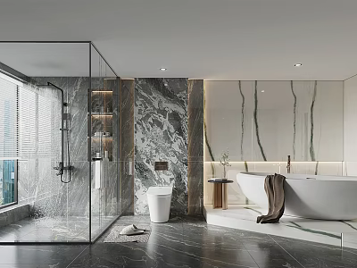Modern Bathroom Interior Design With Glass Shower Enclosure Marble Walls Bathtub And Large Mirror 3d model