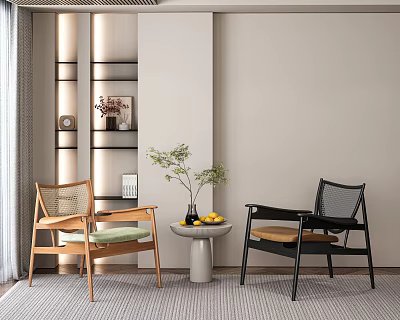 Modern Chair And Table Set With Light Wood Black Chairs Round Table Vase And Fruits In Minimalist Interior 3d model