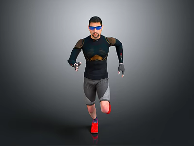 Athletic Man Running in Black Sportswear with Red Sneakers and Blue Sunglasses 3d model