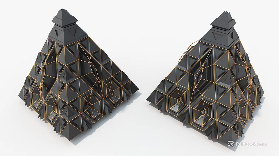 Modern Art Installation Featuring Black Pyramid Structures With Golden Geometric Grid Lines 3d model