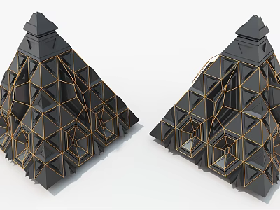 Modern Art Installation Featuring Black Pyramid Structures With Golden Geometric Grid Lines 3d model