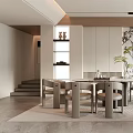 Modern Restaurant Interior With Dining Table Chairs Marble Accent Wall And Floor Lamp