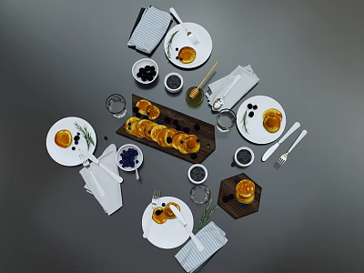 Elegant Dinnerware Set With Plates Napkins Cutlery And Pancakes On Wooden Board 3d model