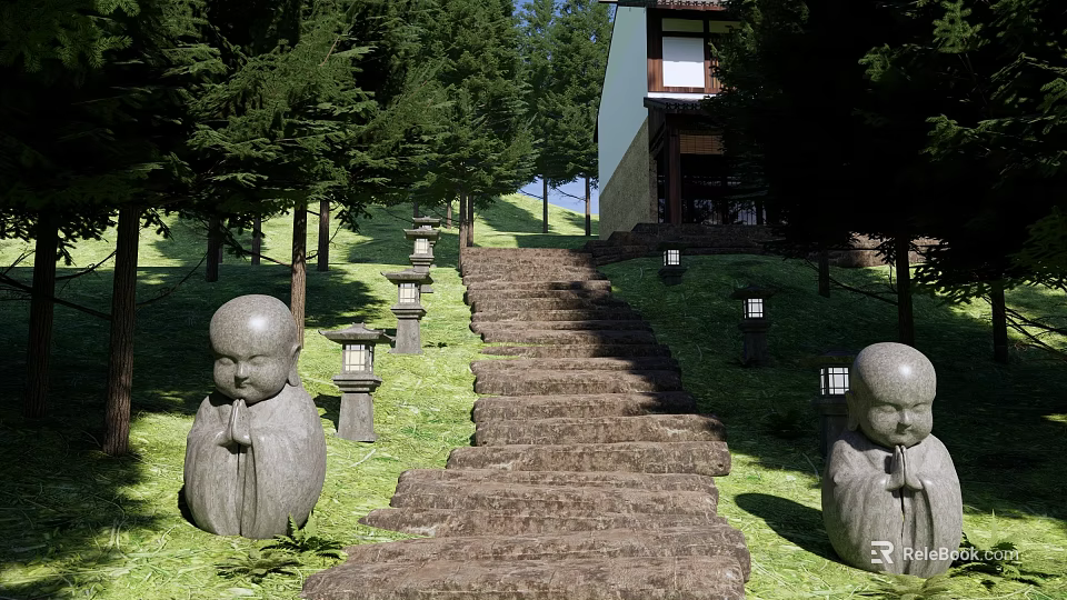 Stone Stepping Path in Garden with Green Lawn Trees Stone Lanterns and Monk Statues 3d model 