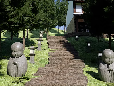 Stone Stepping Path in Garden with Green Lawn Trees Stone Lanterns and Monk Statues 3d model
