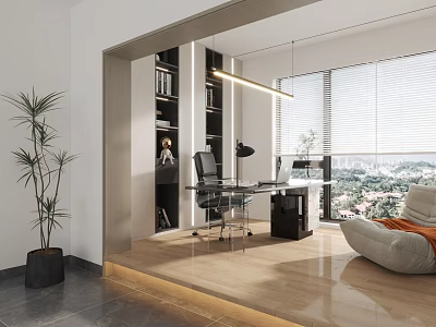 Modern Study Room Interior With Desk Office Chair Bookshelf Large Window And Green Plant 3d model