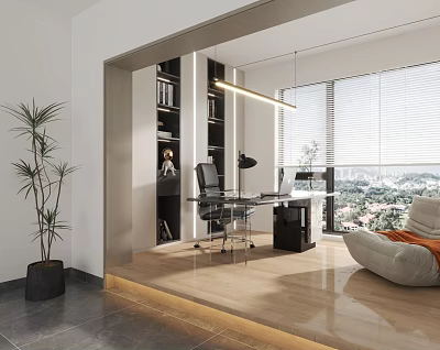 Modern Study Room Interior With Desk Office Chair Bookshelf Large Window And Green Plant 3d model