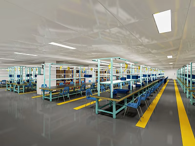 Factory Workshop Space Featuring Blue Workbenches Blue Chairs Yellow Lines White Ceiling Lights And Shelves 3d model