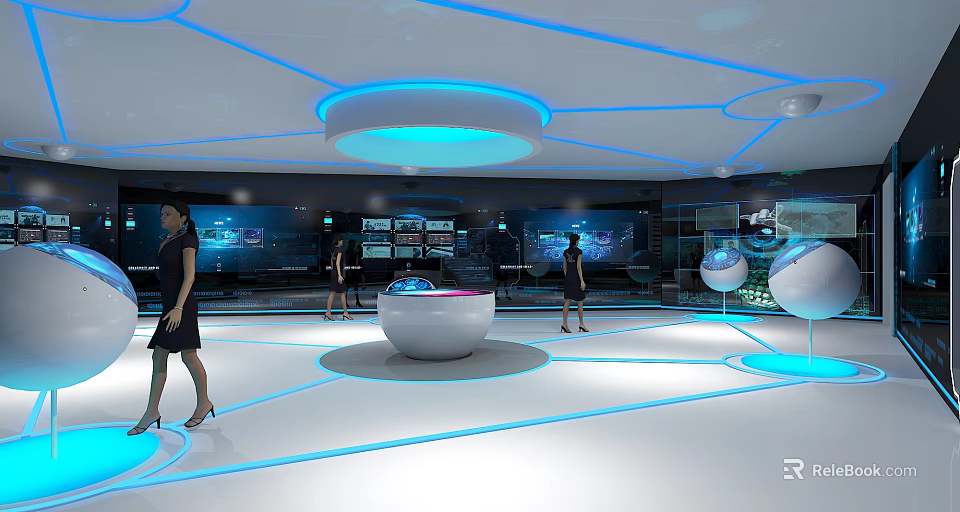 Modern Tech Exhibition Hall Interior With Blue Illuminated Circular Podiums And People Interacting 3d model 