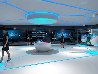Modern Tech Exhibition Hall Interior With Blue Illuminated Circular Podiums And People Interacting 3d model