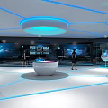 Modern Tech Exhibition Hall Interior With Blue Illuminated Circular Podiums And People Interacting