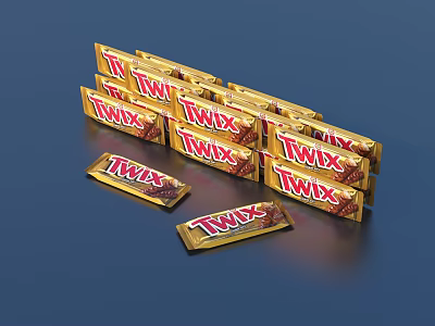 Golden Wrapped Twix Chocolate Snack Bars Stacked On Blue Surface 3d model Golden Wrapped Twix Chocolate Snack Bars Stacked On Blue Surface 3d model