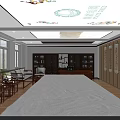 Traditional Chinese Study Room With Long Table Wooden Bookshelves And Calligraphy Scrolls