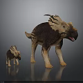 Adult and Juvenile Dinosaur Models in Brown and Beige Standing on Dark Reflective Surface
