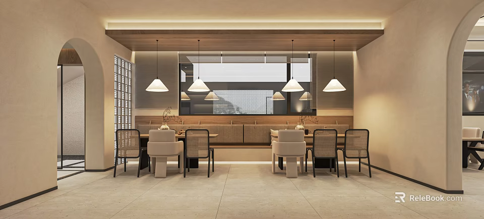 Modern Restaurant Interior With Pendant Lights Booth Seating Dining Tables Chairs Wooden Elements Open Space 3d model 