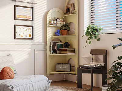 Warm Living Room Corner Shelving Unit With Decorative Plants Books And Wall Art 3d model