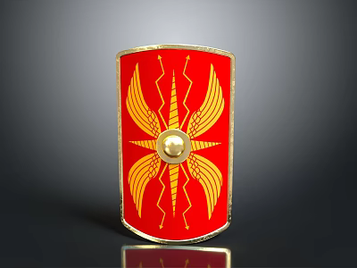Red Shield With Golden Wing Patterns Spiral Designs And Central Emblem 3d model