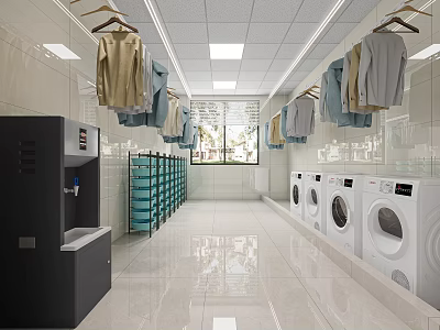 Modern Clean Laundry Room With Washing Machines Dryers Hanging Clothes Storage Racks And Water Dispenser 3d model