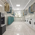 Modern Clean Laundry Room With Washing Machines Dryers Hanging Clothes Storage Racks And Water Dispenser