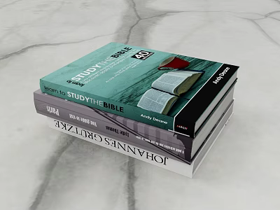 Stack of Study Bible Books on Marble Surface with Religious Content 3d model