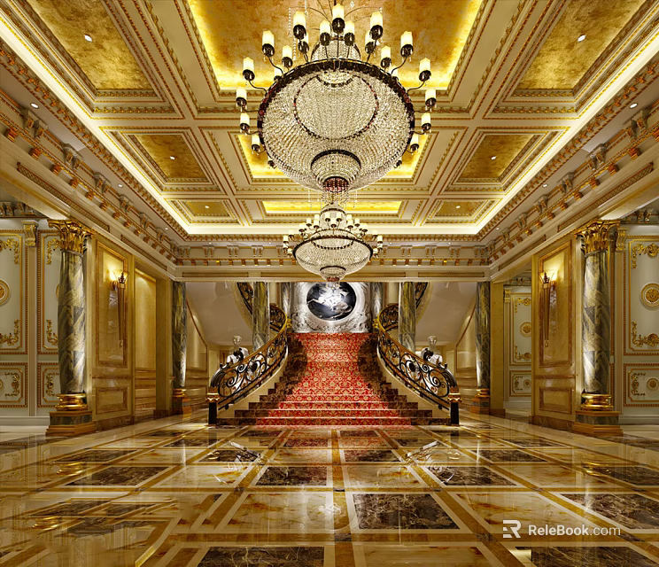 Elegant Hotel Lobby With Golden Ceiling Large Crystal Chandeliers Red Carpet Staircase And Marble Flooring 3d model 