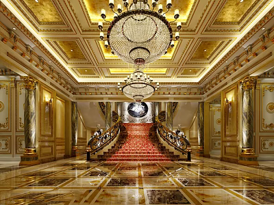 Elegant Hotel Lobby With Golden Ceiling Large Crystal Chandeliers Red Carpet Staircase And Marble Flooring 3d model