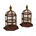 Two Brown Decorative Bird Cages With Hexagonal Base Ornate Spire Top Open Structure Design 3d model