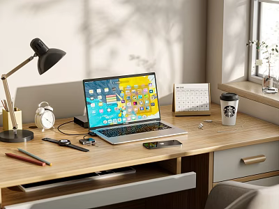 Organized Home Office Desk With Laptop Desk Lamp Calendar Alarm Clock And Coffee Cup 3d model