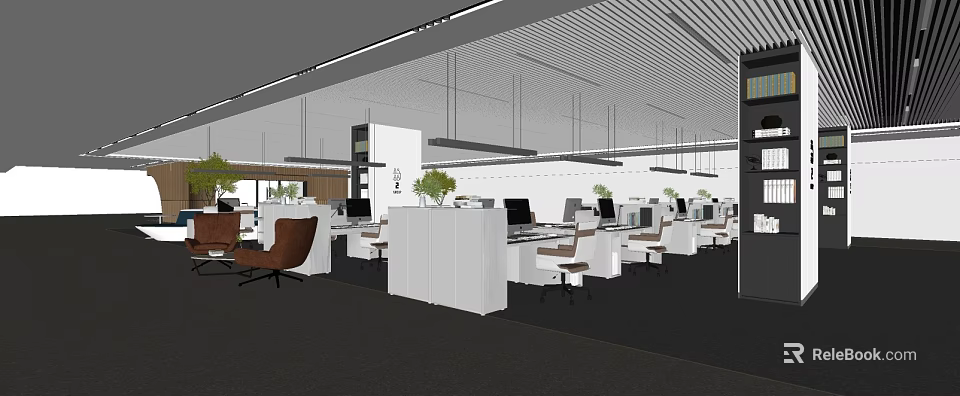Modern Public Office Space With Open Layout Desks Chairs Green Plants And Hanging Lights 3d model 