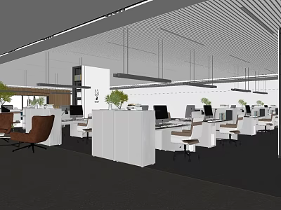 Modern Public Office Space With Open Layout Desks Chairs Green Plants And Hanging Lights 3d model