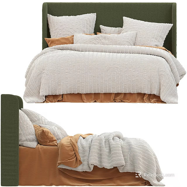 Bed in Background Bedroom Interior with Green Headboard Light Gray Bedspread and Orange Pillows 3d model 