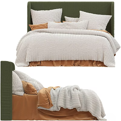 Bed in Background Bedroom Interior with Green Headboard Light Gray Bedspread and Orange Pillows 3d model