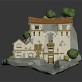 Low Poly Watermill Building With Orange Roof On Rock Surrounded By Trees