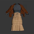Fashionable Outfit Featuring Brown Leather Jacket Blue Turtleneck And Plaid Pleated Skirt With Black Buttons
